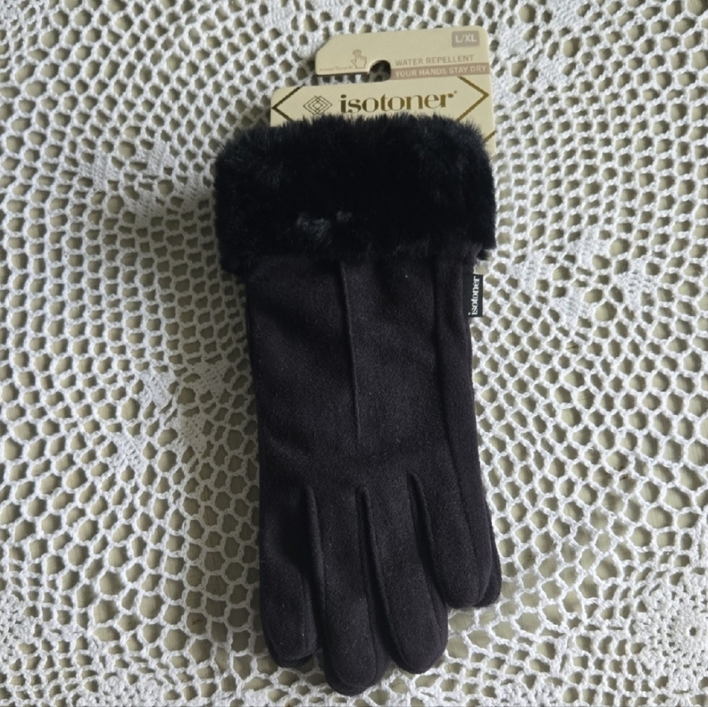 ISOTONER WOMEN'S BLACK FUR-TRIMMED GLOVES - Picture 8 of 8